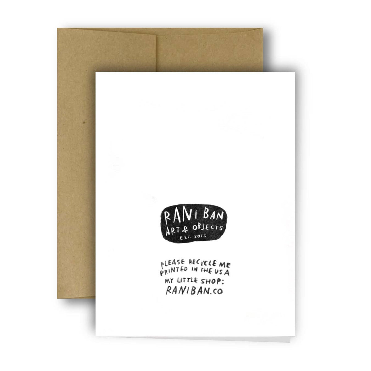 Greeting card with Rani Ban branding and a brown envelope on a white background