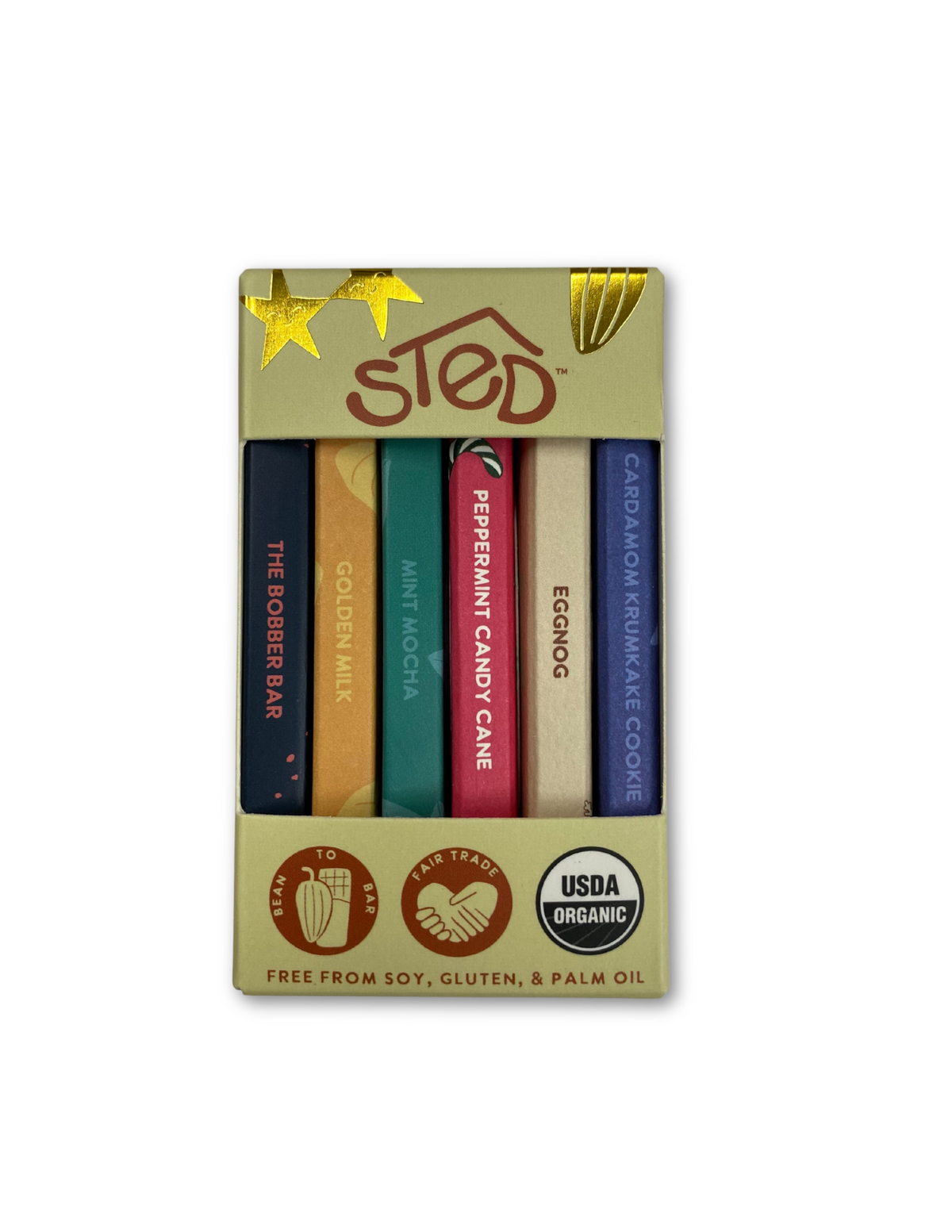A festive winter-themed packaging containing a set of Sted Foods chocolate bars with various flavors listed on the packaging, including Peppermint Candy Cane and Eggnog.