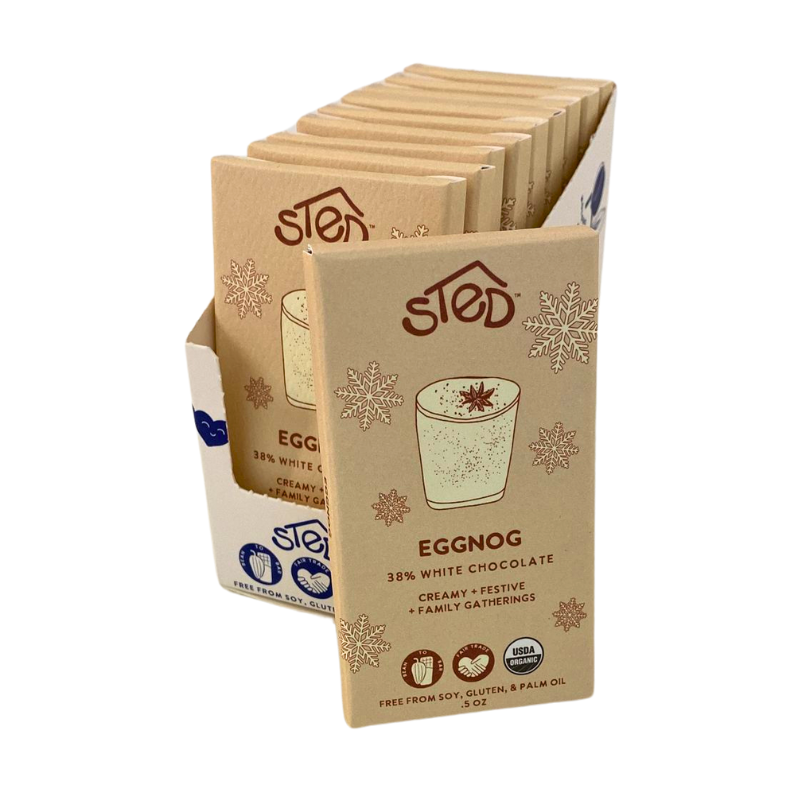 Mini .5 oz Eggnog + White Chocolate bar in festive packaging
