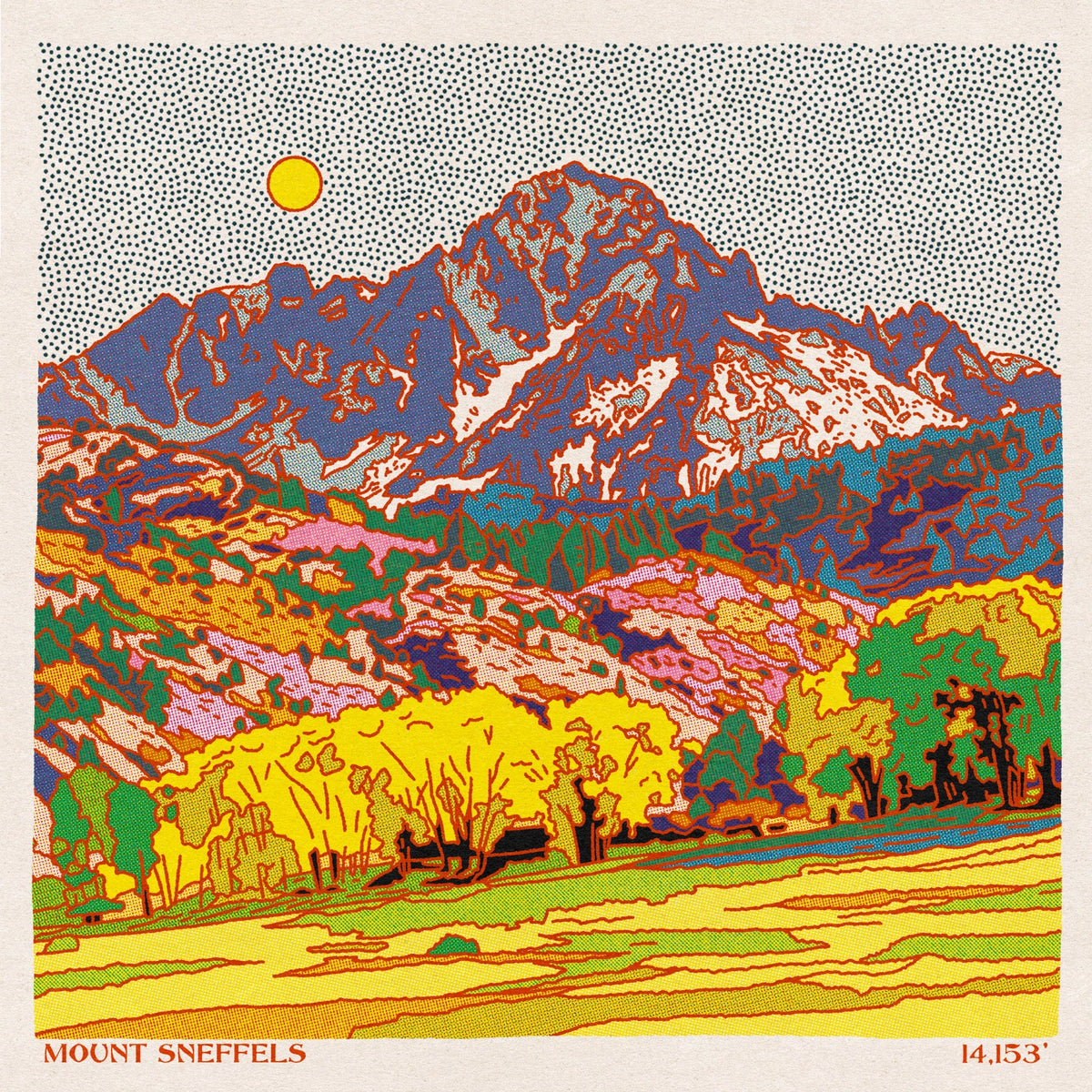 Colorful illustration of Mount Sneffels with a dotwork border, artwork is featured on a 500 piece jigsaw puzzle
