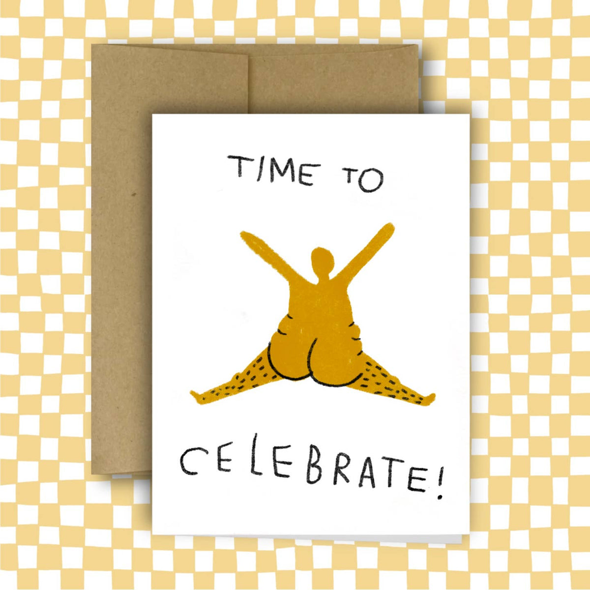 Card with a leopard print figure and text 'Time to Celebrate!' on a checkered background