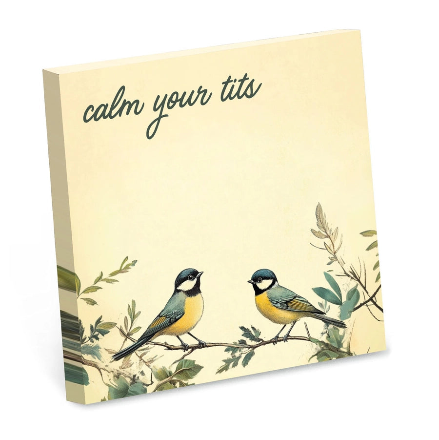 A sticky note pad with an illustration of two birds perched on branches with leaves, with the text 'calm your tits' written at the top.
