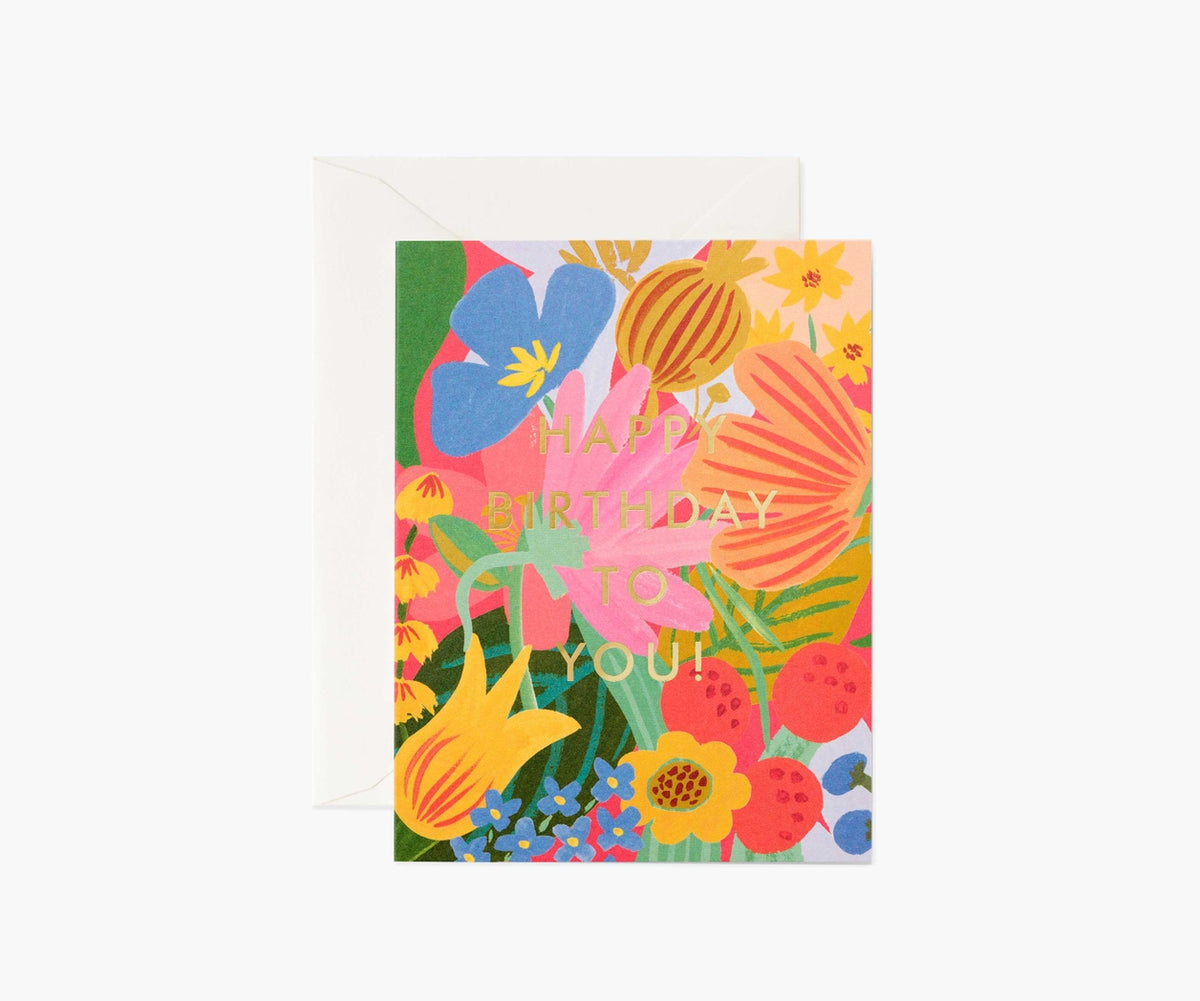 Floral Patterned Birthday Card by Rifle Paper Co. with gold foil Happy BIrthday to You! and bright Sicily birthday motif
