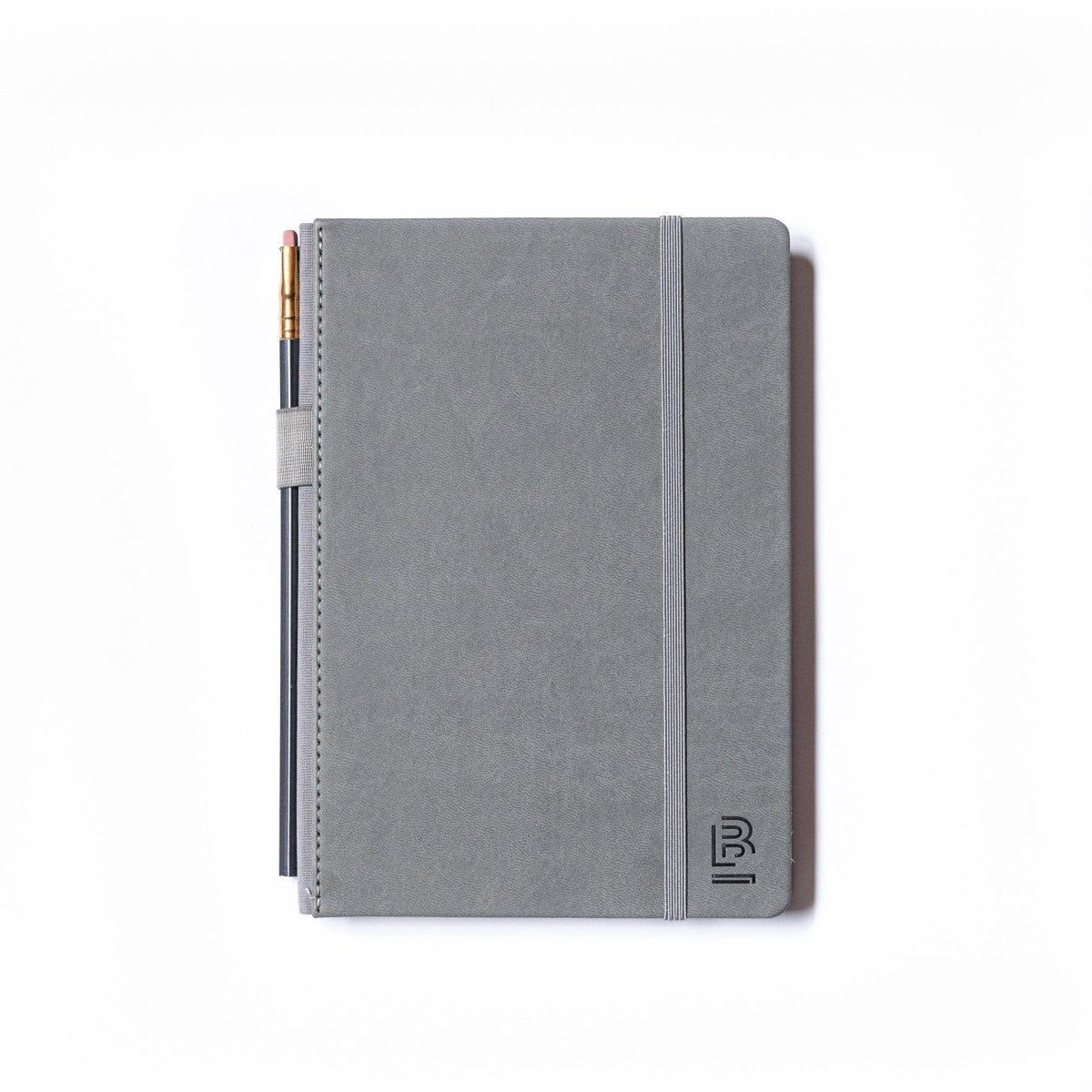 Gray notebook with a pen holder on a white background