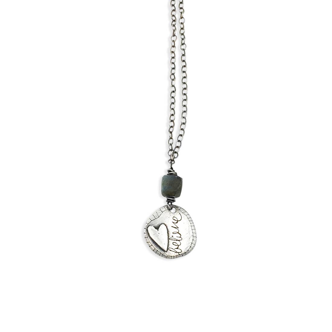 Believe Charm on Necklace with Labradorite Cube