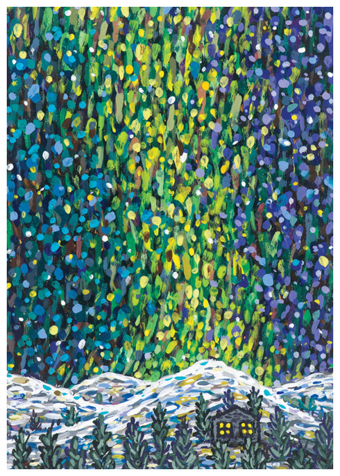 Cosmic Proclamation Pointililsm Card with a northern lights inspired sky, snowy hill and lit cabin