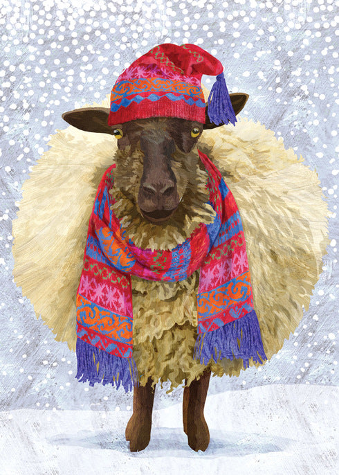 Christmas Cards with an illustrated sheep in a bright pink and purple scarf and hat