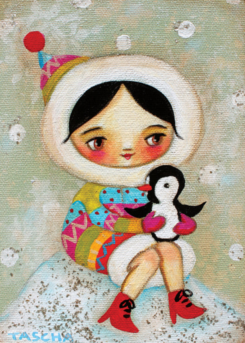 Illustration of an Eskimo Girl holding a penguin