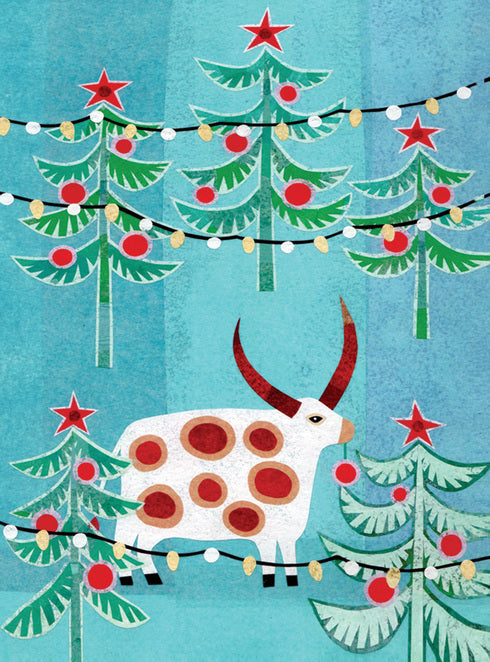 Collage Style Illustration of a Longhorn amongst christmas trees and market lights