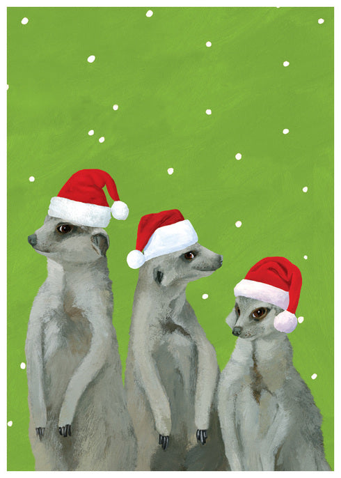 Holiday card featuring illustration of 3 Meerkats in Santa hats in front of a green background with with dots