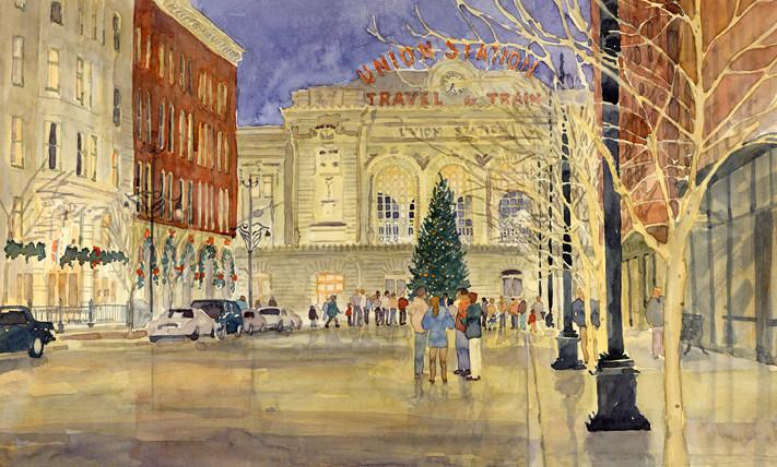 Denver's Union Station Tree Lighting Painted Card