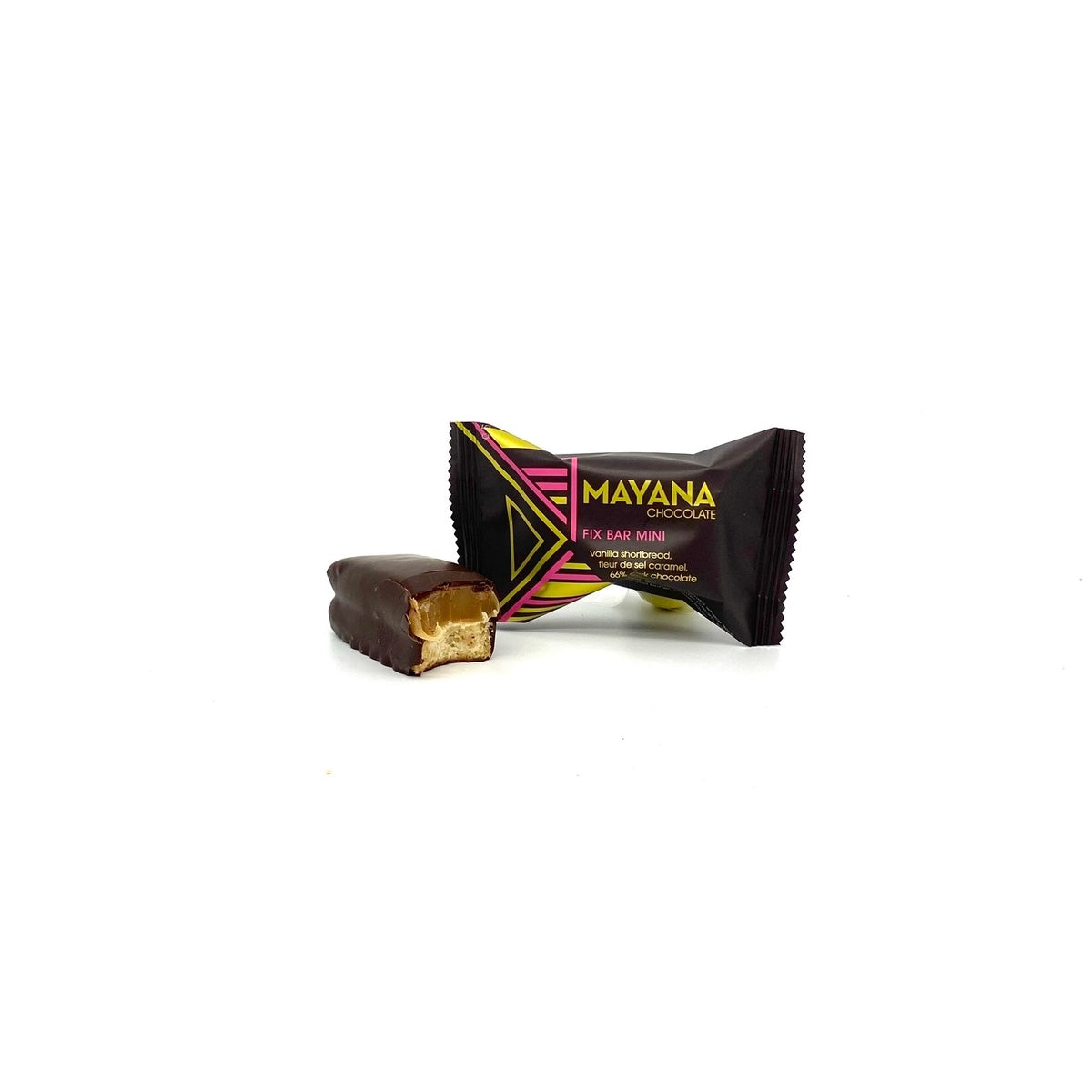 A wrapped chocolate bar with caramel exposure at one end, branded by Mayana Chocolate, with packaging displaying the product name and a brief description.