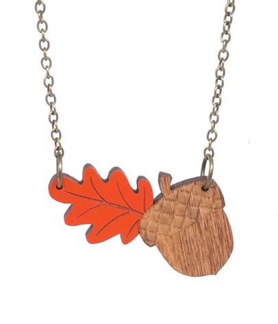Laser Cut Acorn Necklace with Orange Leaf