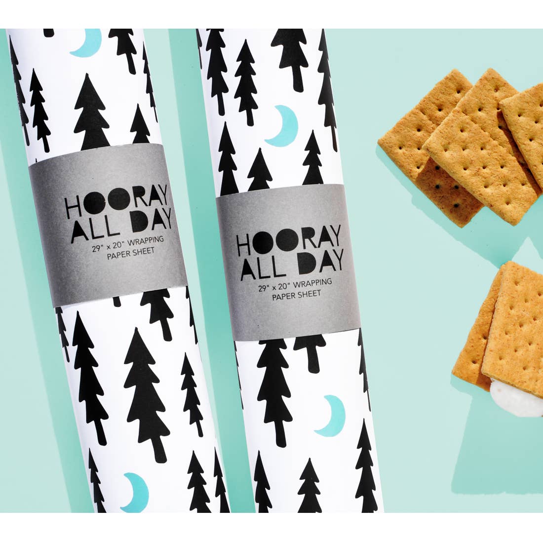 Wrapping Paper Sheet White with Black Block Trees and Turquoise Moons