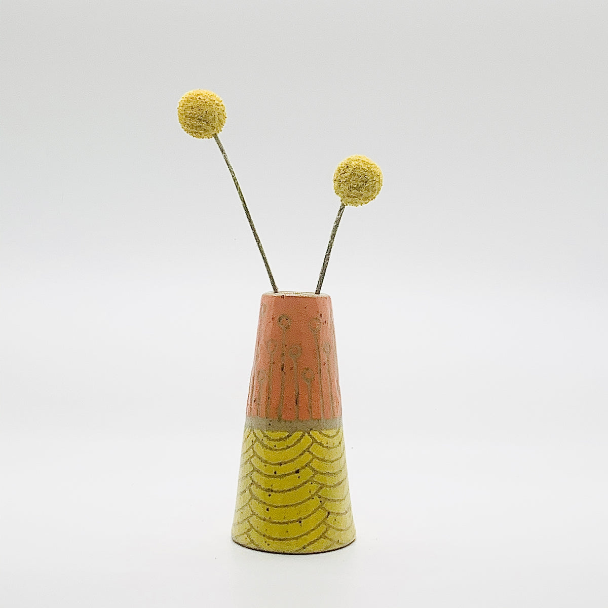 Tiny Vase in Brown Stoneware - Orange Design w/ Yellow Wave