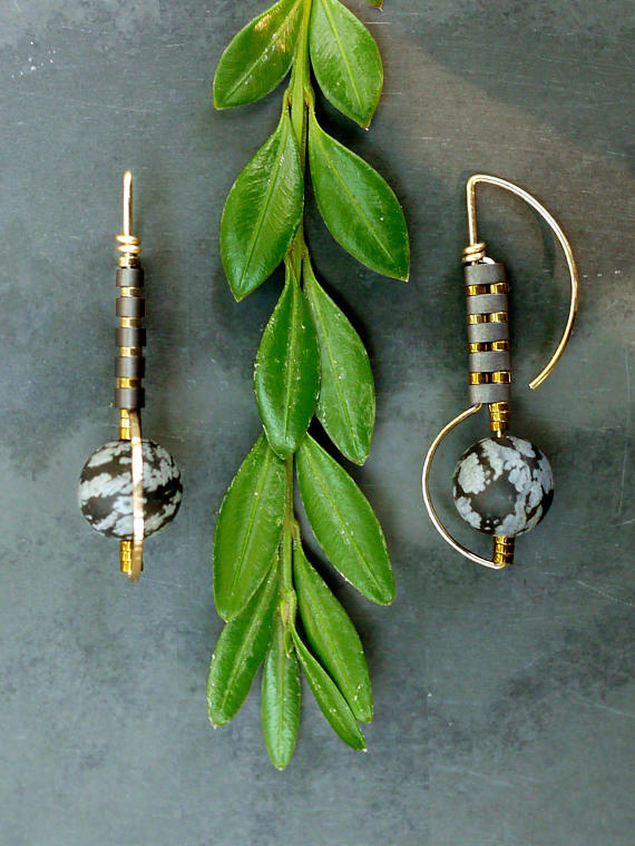 Deco Style Music Note Silver & Snowflake Obsidian Drop Earrings