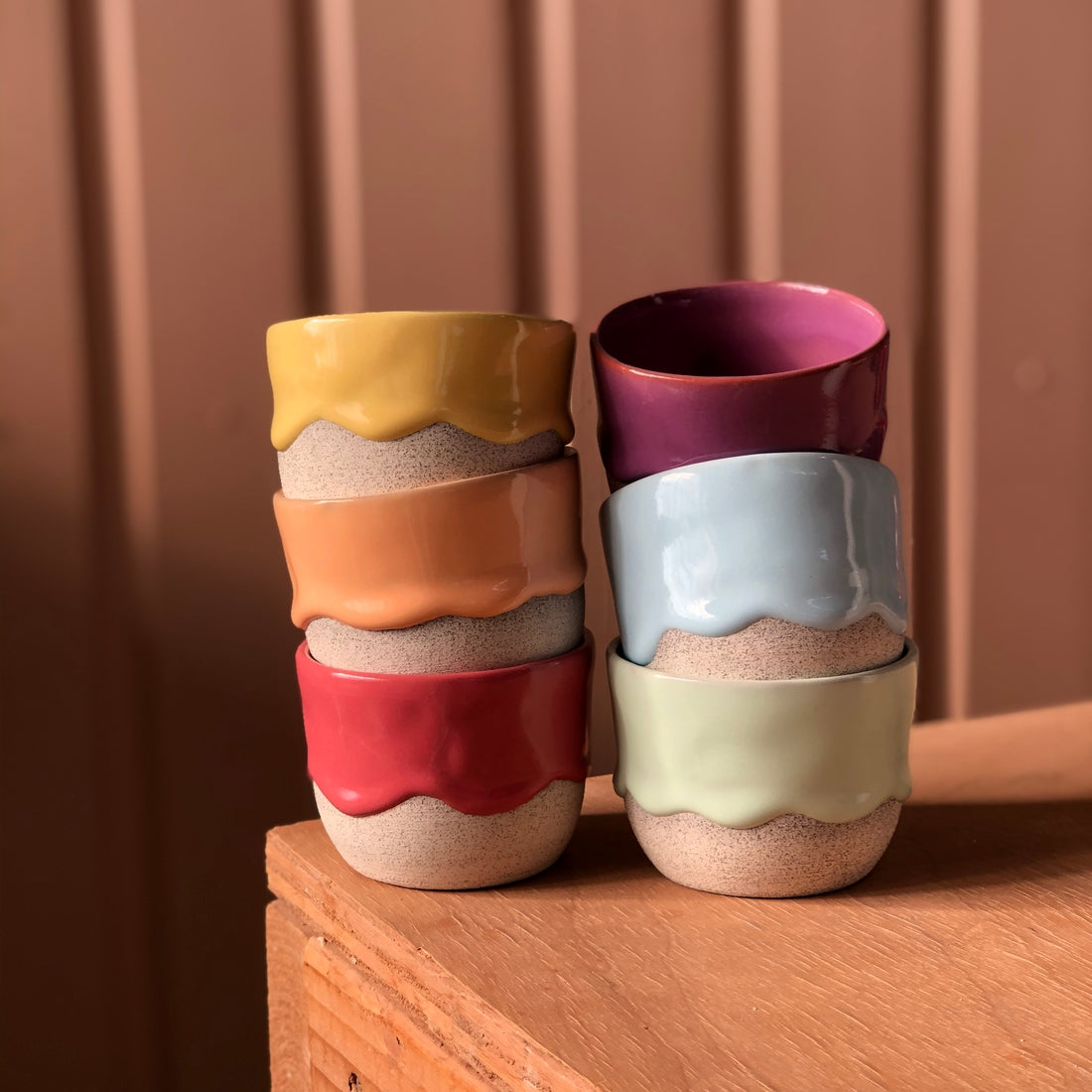 2 Stacks of Brian Giniewski Oolong Ceramic Drippy Mugs in a Rainbow of Colors