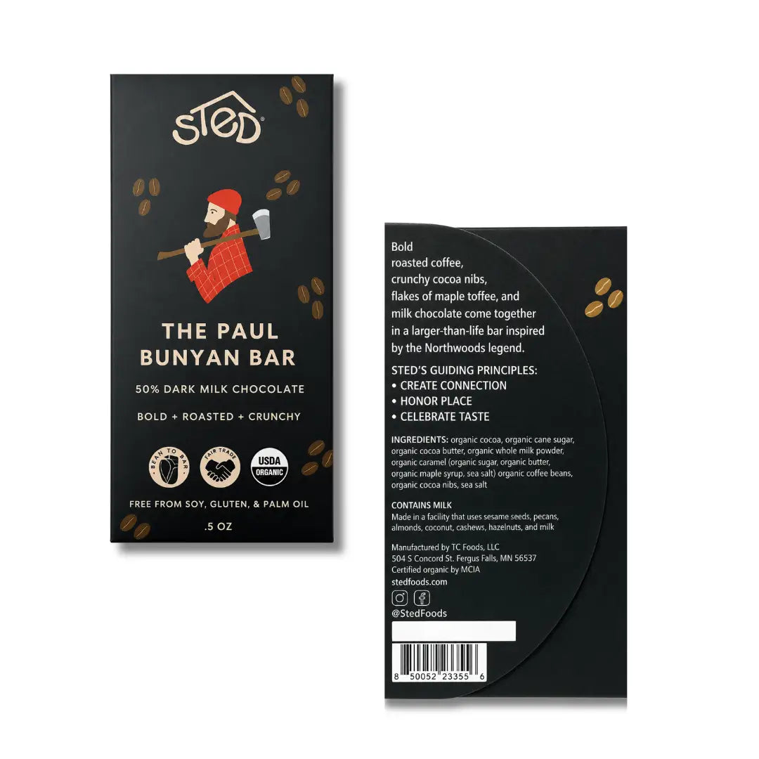 Front and back of a chocolate bar package for 'The Paul Bunyan Bar' by Sted, shown on a plain white background.