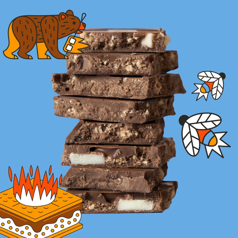 Stack of chocolate bars with marshmallows on a blue background, surrounded by cartoon bear, campfire, and feathers.