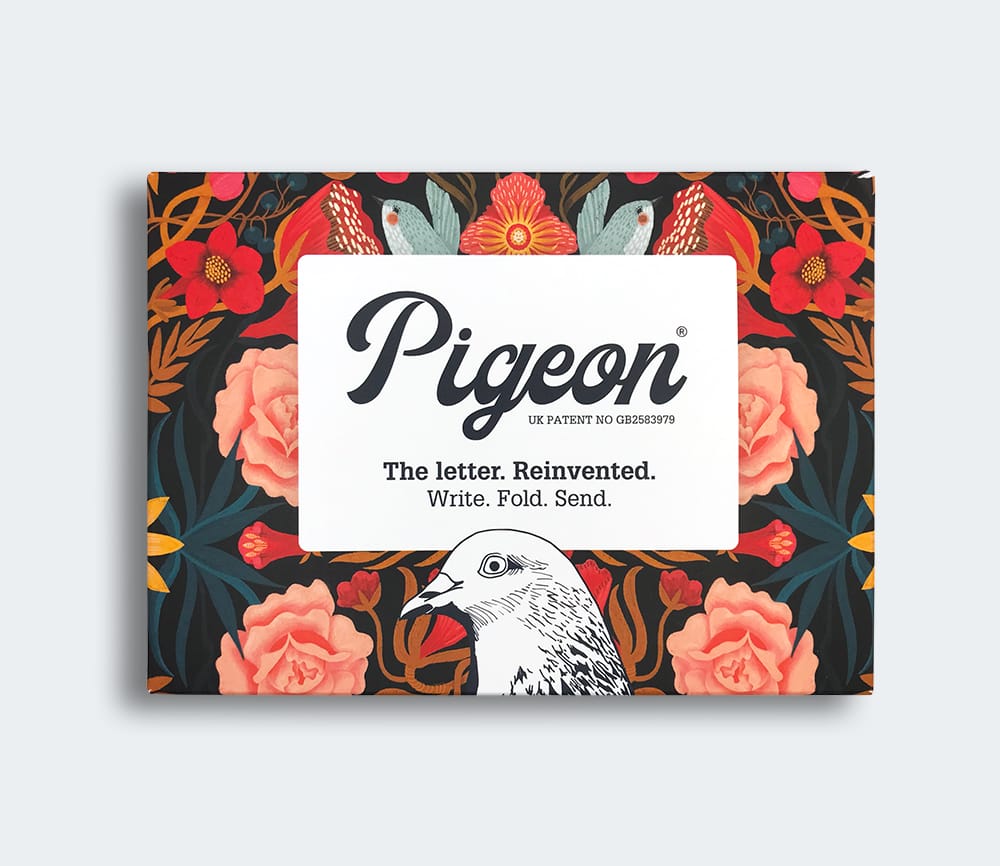 Pigeon letter writing set with floral design and pigeon illustration on a white background