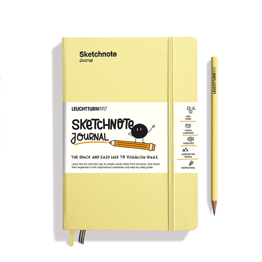 Yellow sketchnote journal with a pencil on a white background