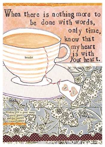 Teacup with text and floral design on a card