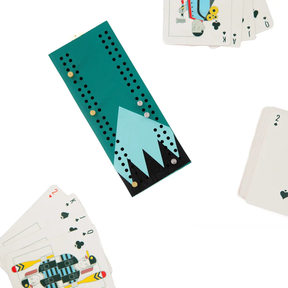 Cribbage board with playing cards on a white background