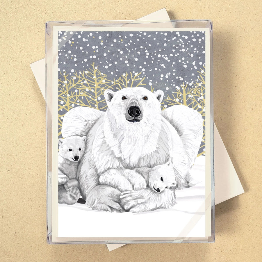 Card with illustration of a polar bear family in a snowy landscape
