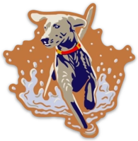 Sticker Dog with a red collar on a decorative background