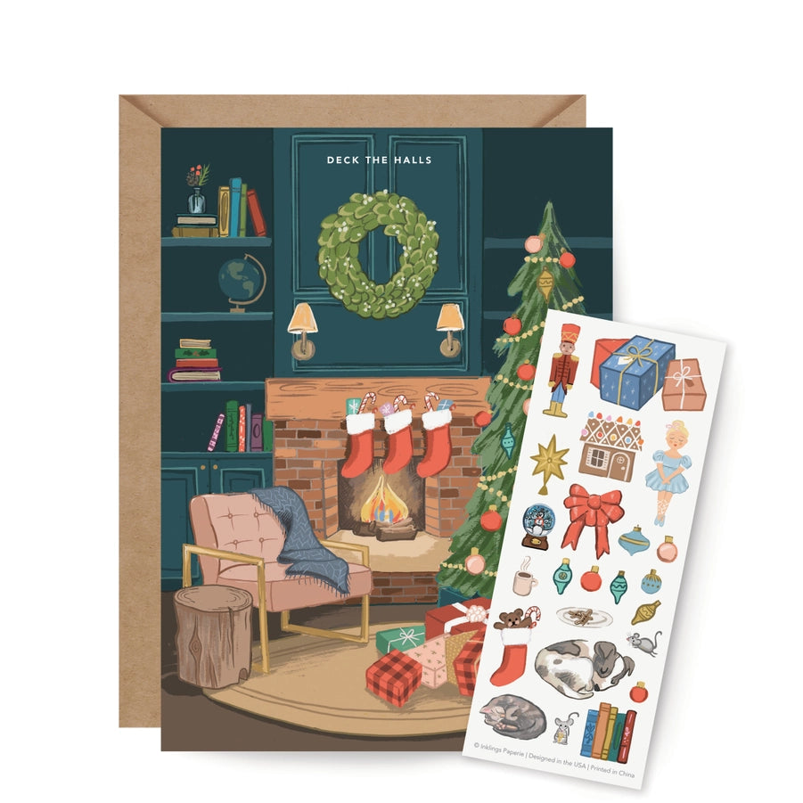 Cozy Fireplace Sticker Christmas Card