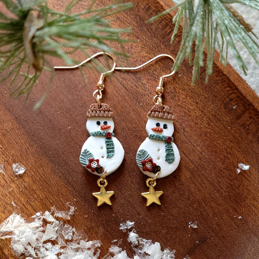 Holiday Gold Star Snowman Clay Dangle Earrings