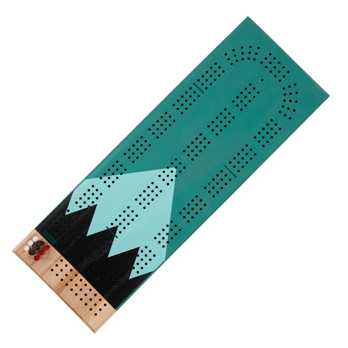 Cribbage board with a green playing field and wooden edge on a white background