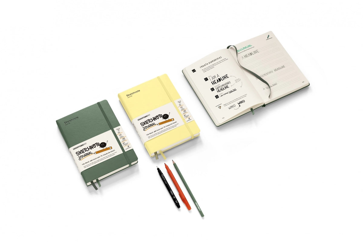 Three notebooks in green, yellow, and white with pens on a white background