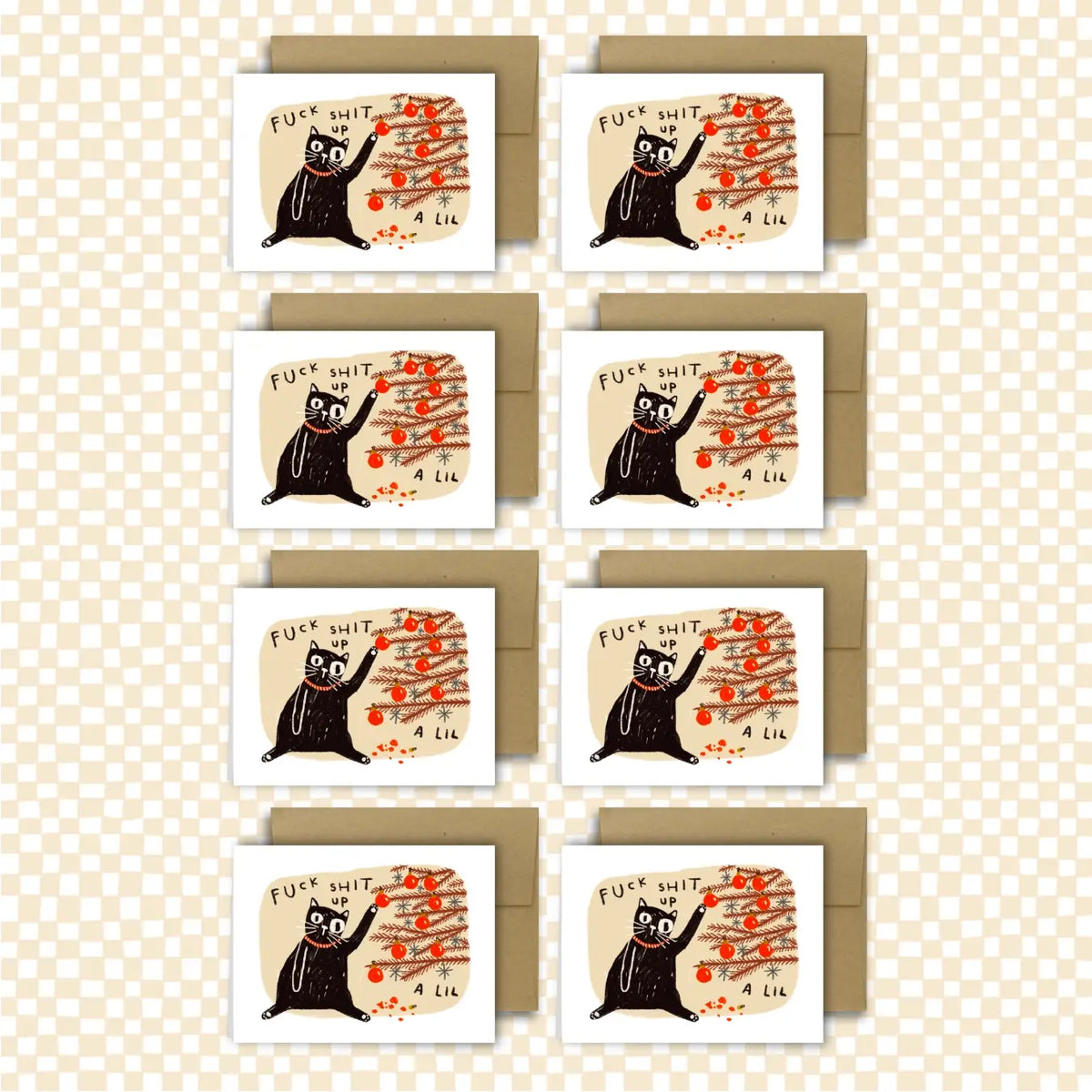 Eight greeting cards arranged in a grid with matching brown envelopes behind them on a light beige checkered background. The cards feature a black cat illustration climbing a string of orange balloons with the text 'FUCK SHIT = 1 lil'.