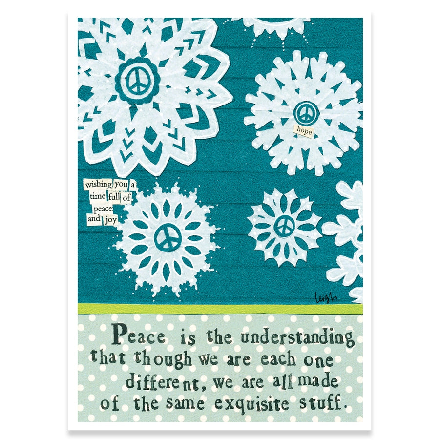 Card with white snowflake designs and peace symbol on a teal background, featuring a quote.