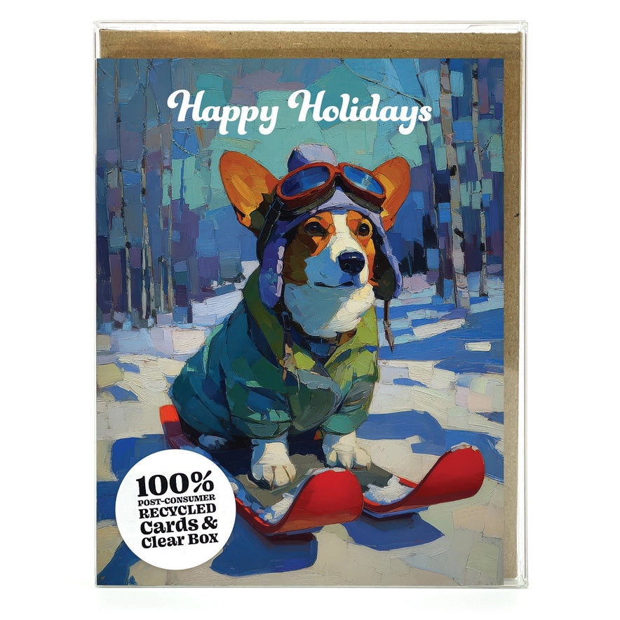Greeting card with a dog on skis in a snowy landscape, featuring 'Happy Holidays' text.