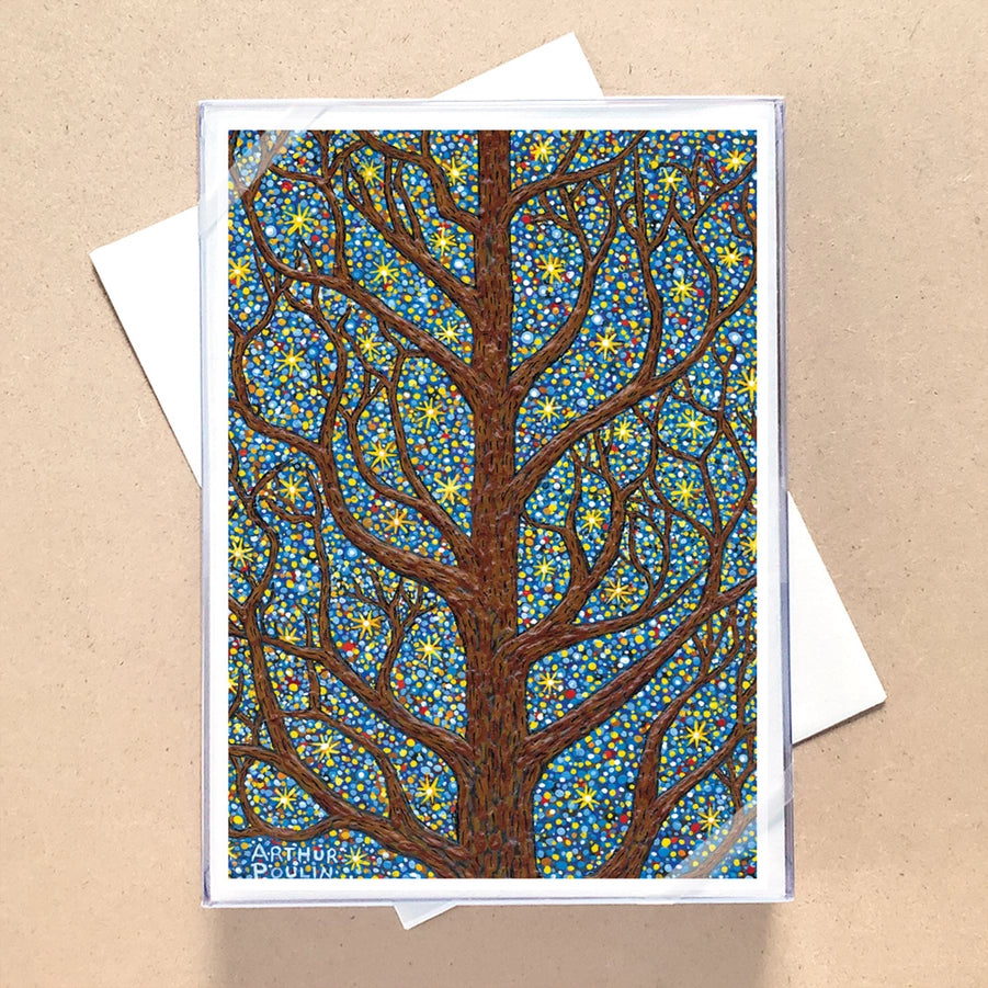 Greeting card with a colorful tree design on a beige background
