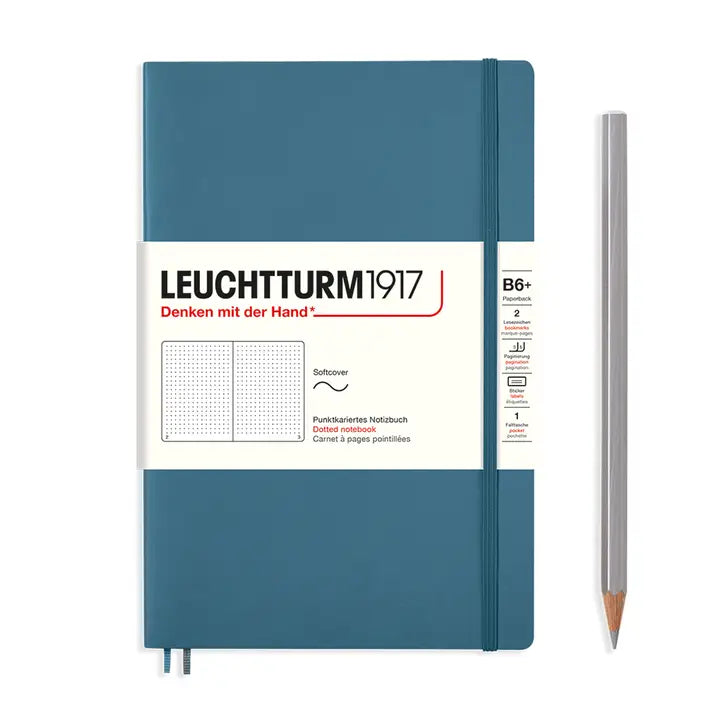 Blue notebook with white label featuring 'Leuchtturm1917' branding on a white background.