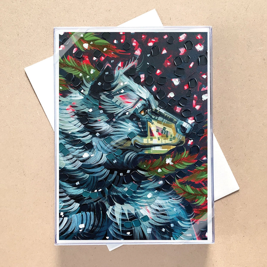 Greeting card with a black bear and evergreen tree