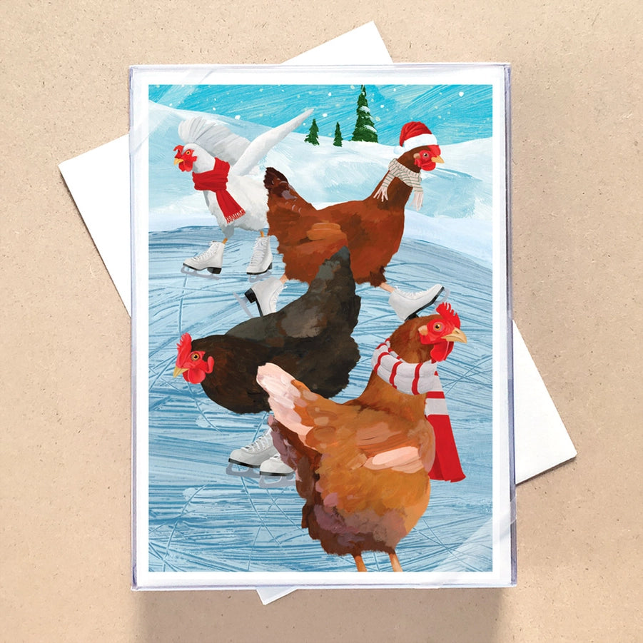 Card with chickens ice skating on a snowy background