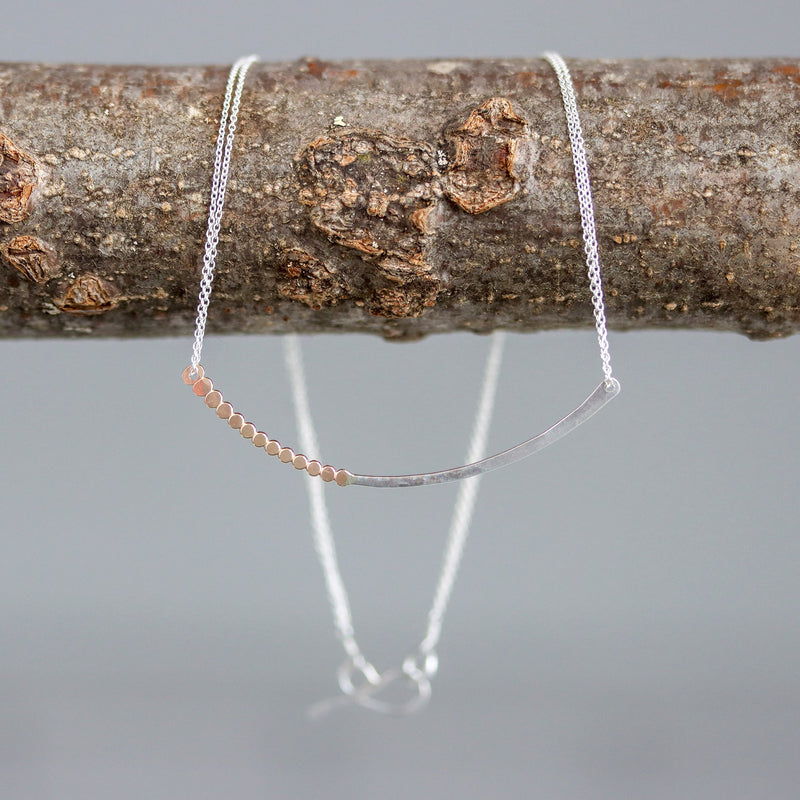 Silver necklace draped over a branch with a gray background