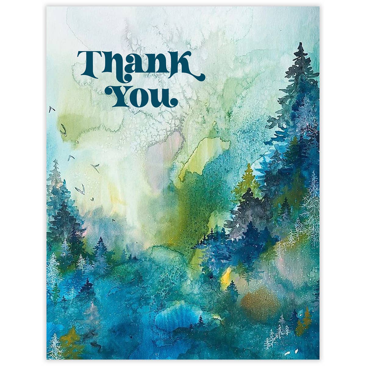 Abstract Forest Painting Greeting Card with simple blue thank you on the front 