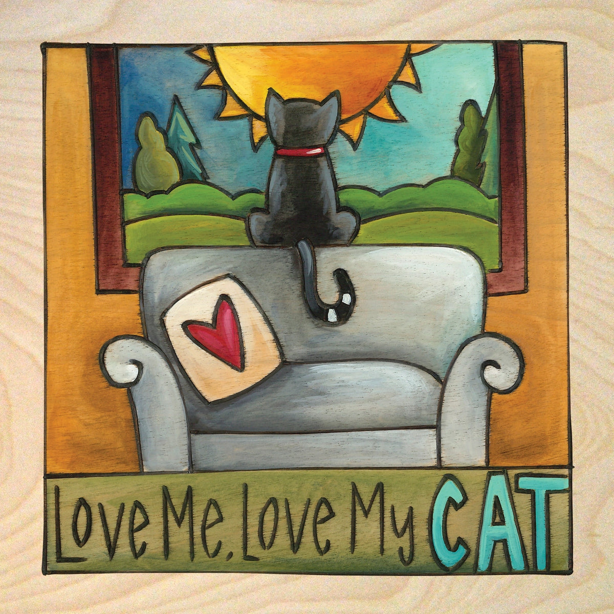 Illustration of a cat on a chair with a heart pillow, surrounded by a scenic window view, with text 'Love Me. Love My CAT' on a wooden background.