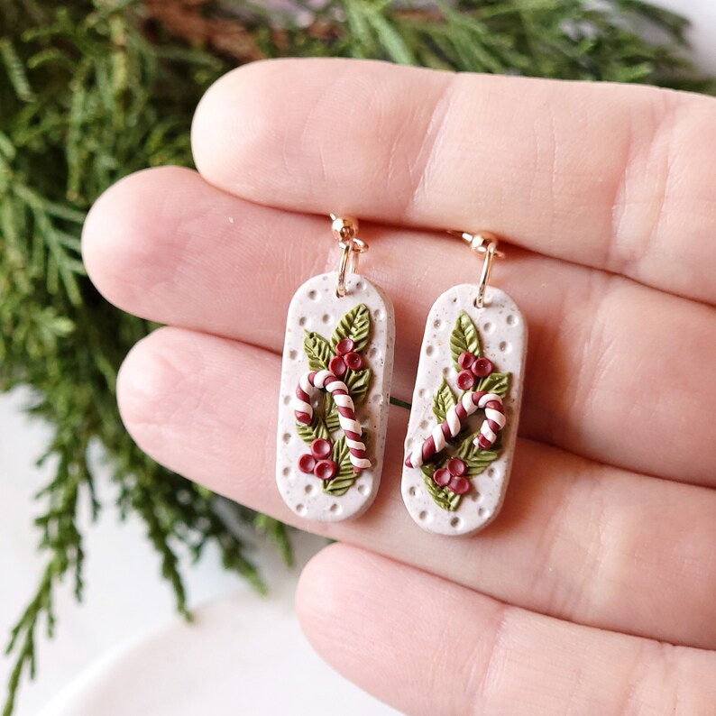 Candy Cane + Holly Christmas Earrings