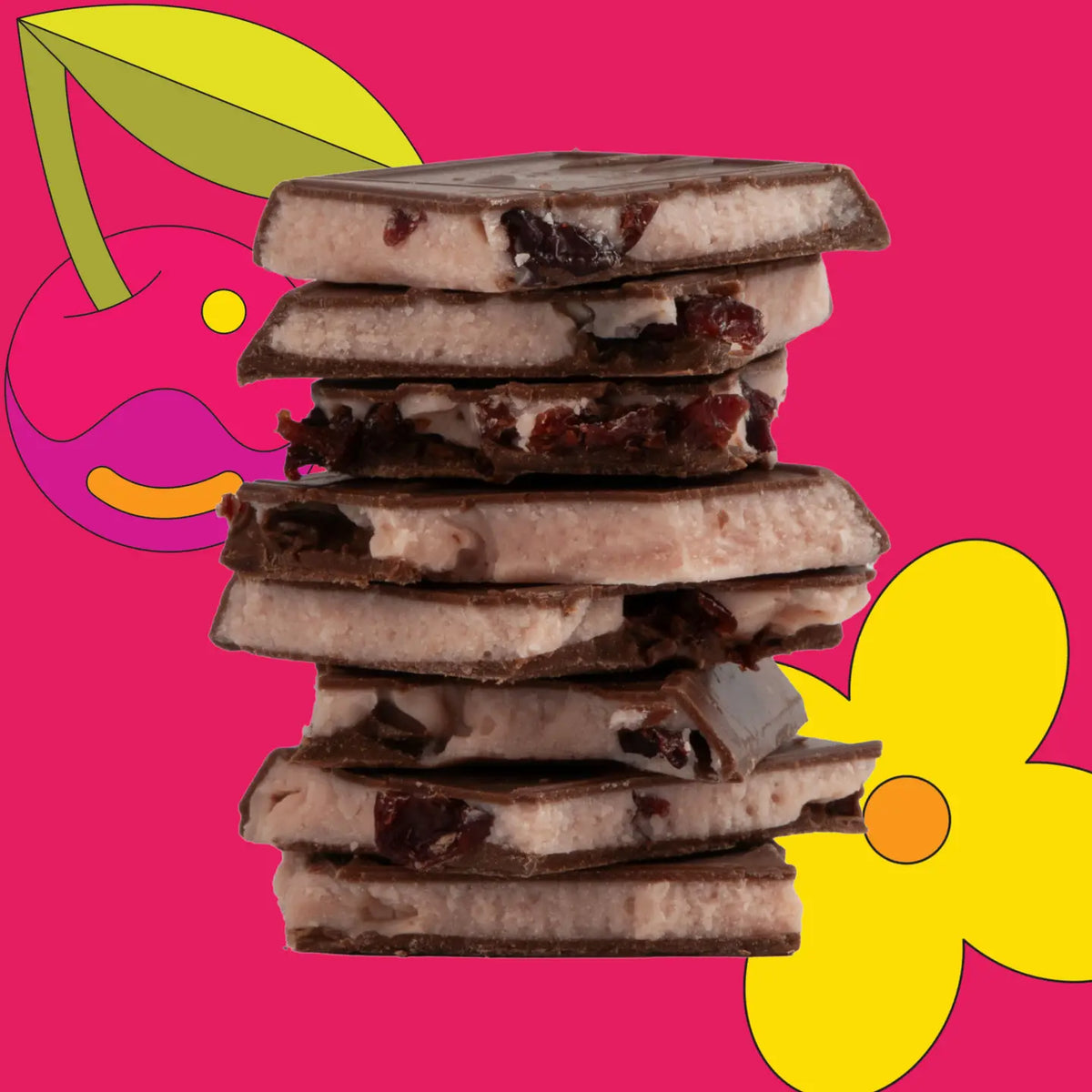 Stack of chocolate bars with a pink background and colorful graphics