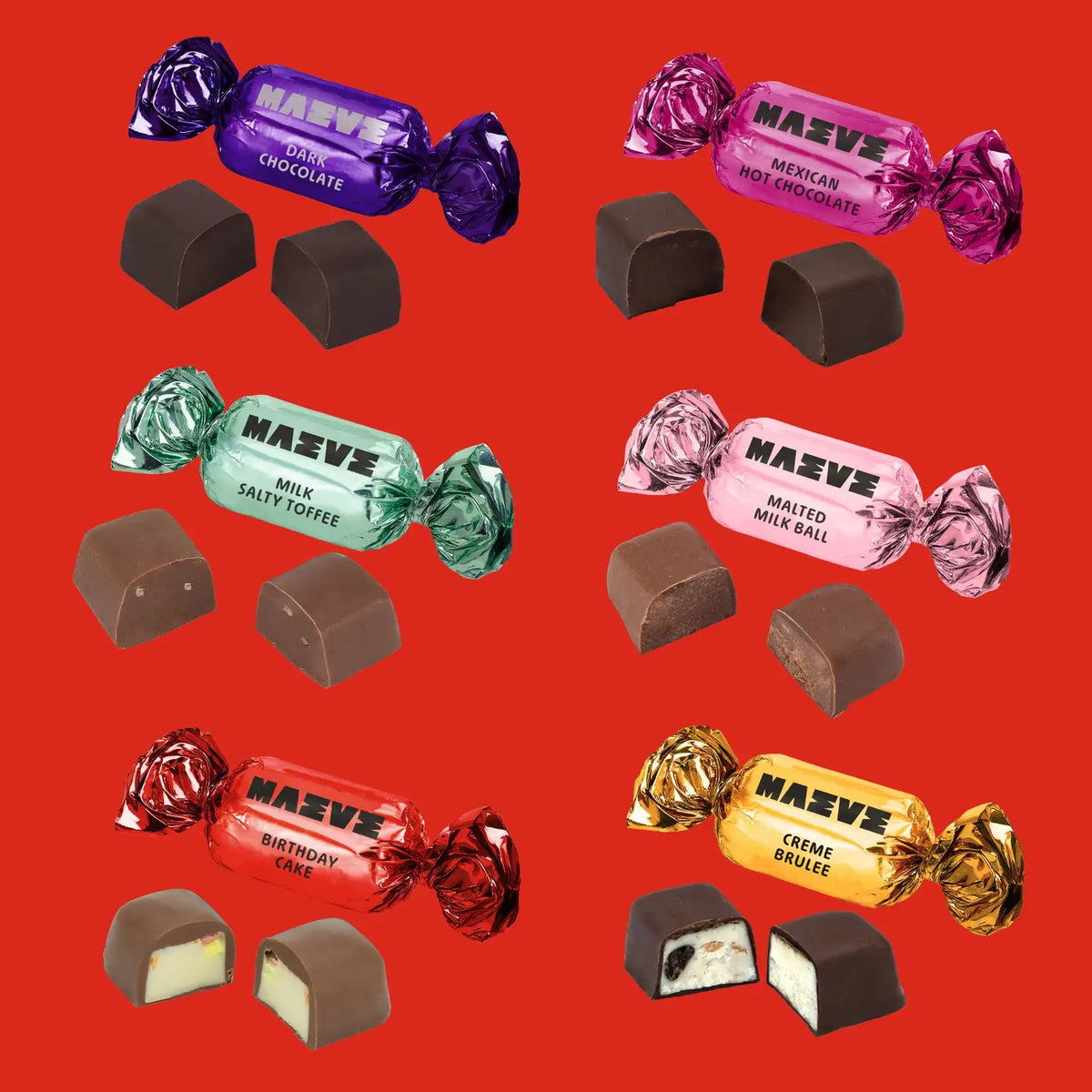 Assorted Mavee chocolate candies on a red background