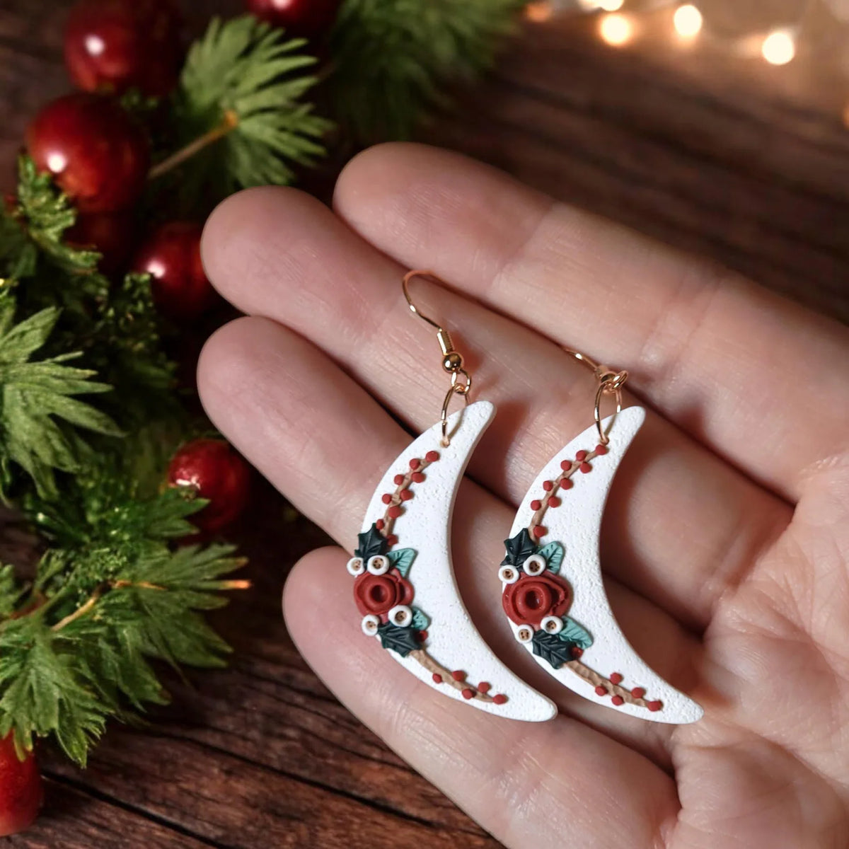 Celestial Moon + Cottage Core Christmas Earrings