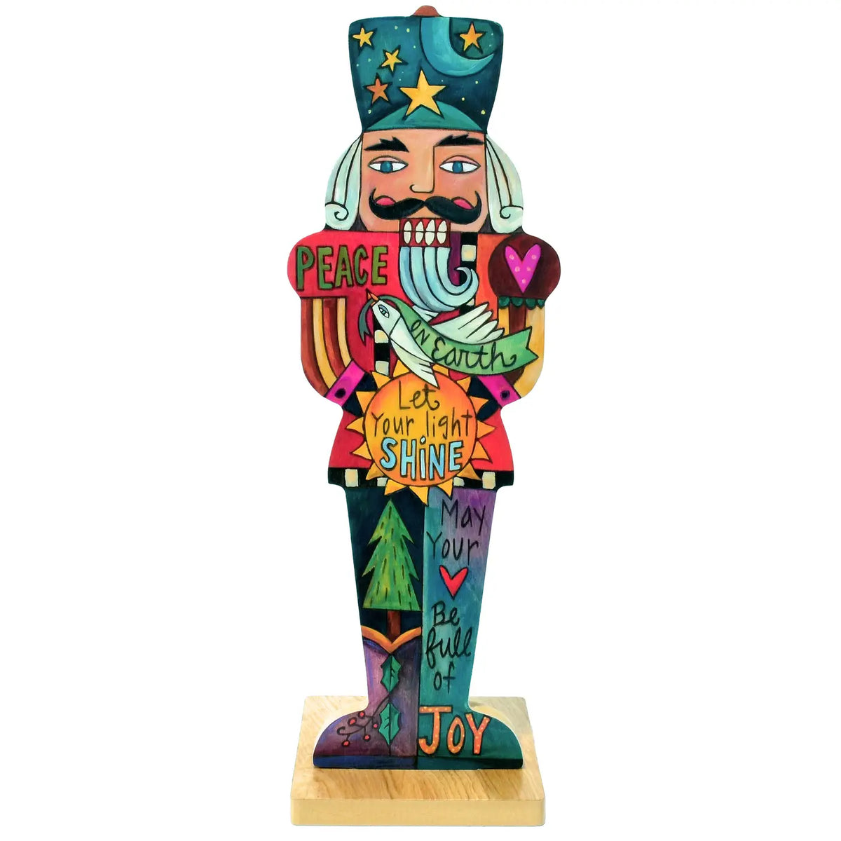 Colorful nutcracker sculpture with motivational phrases on a white background