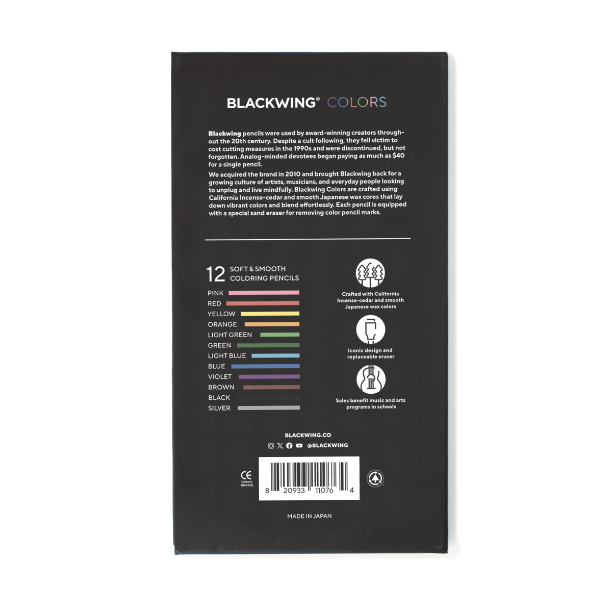 Back of Blackwing Colors packaging with color swatches and branding information.