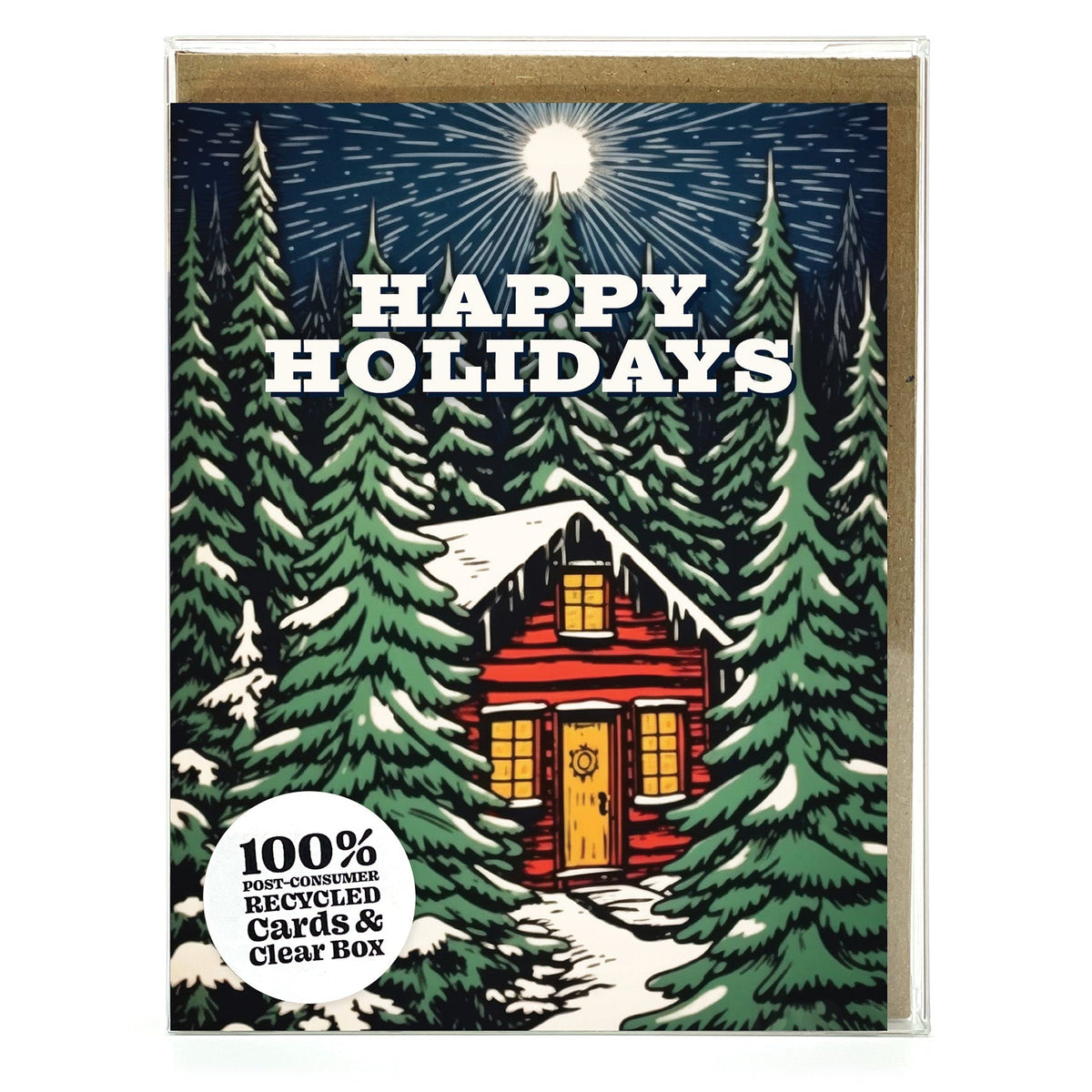 Greeting card with a cabin in the woods illustration and 'Happy Holidays' text.
